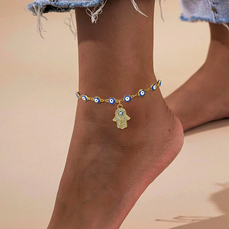 Fatima Hamsa Hand Evil Blue Eye Charm Anklet